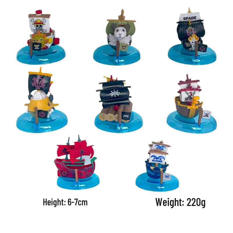 One Piece Anime Model: 8 Styles of Pirate Ships - Going Merry, Thousand Sunny, and Blackbeard's Ship Car Ornament PVC Figure & Bag.