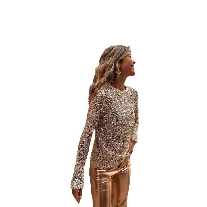 2024 European & American Sequin Mesh Slim-Fit Long-Sleeve Top