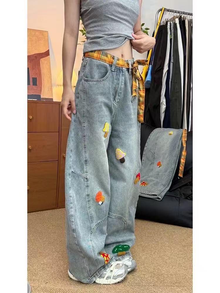 Women's Retro Distressed Wide Leg Denim Jeans - Versatile Loose Fit, High Street Style, Straight Leg Vibe