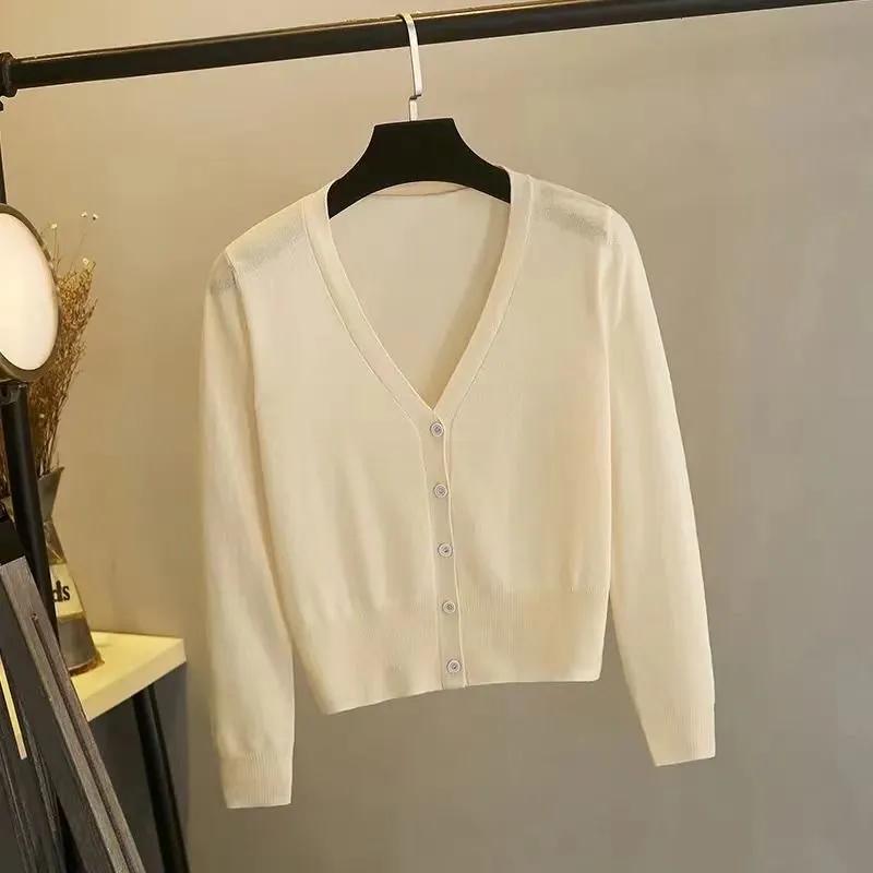 Dámský jarní/letní opalovací ležérní pletený kardigan s výstřihem do V, jednořadým zapínáním, dutý, tenký kabát