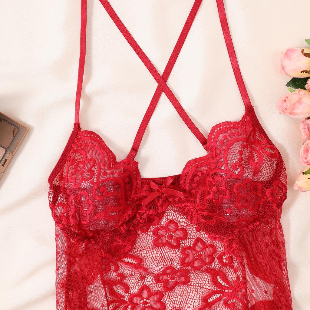 Red Crotchless Sexy Women's Underwear Lace Hollow Bow Backless Bodysuit Teddy Babydoll Erotic Costume Exotic Porn Lingerie Set