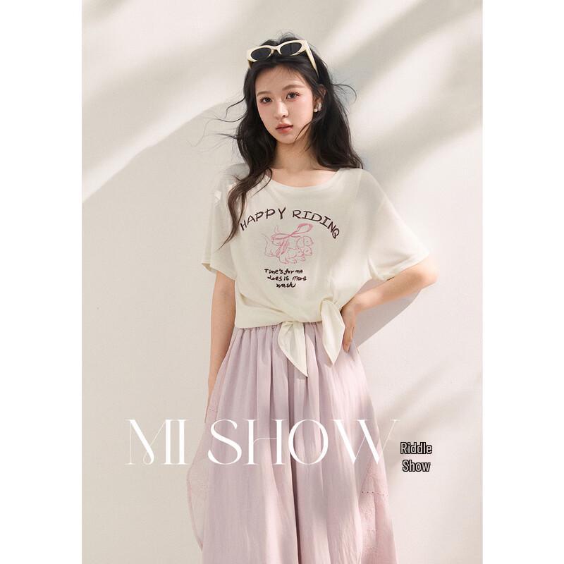 Mxiu Women s Letter Print Tie-Detail Short Sleeve T-Shirt S