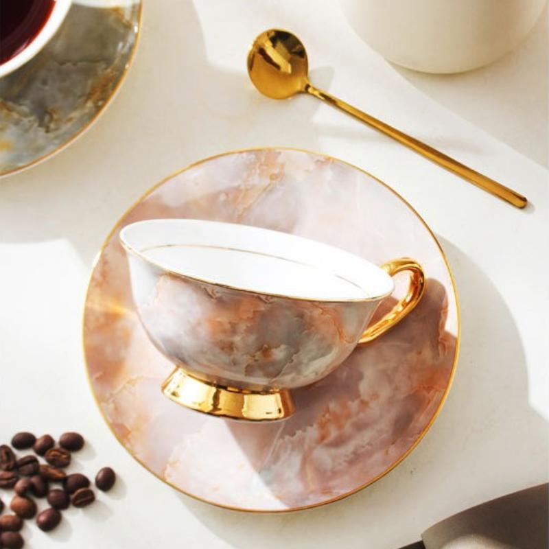 British High-end Phnom Penh Bone China Coffee Cup Dish Set European Marble Ceramic Teapot Tea Pot Household Kettle