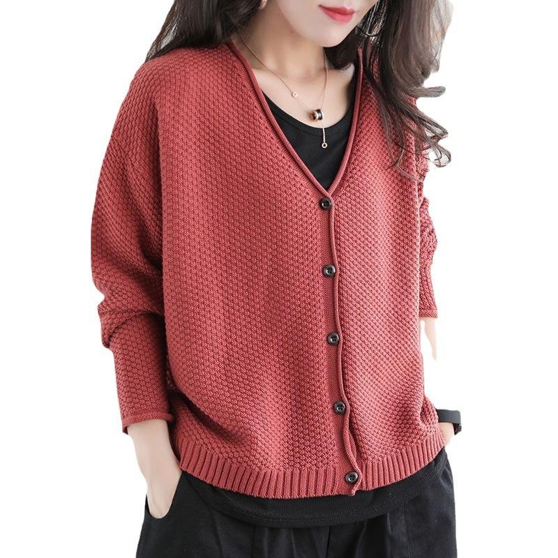 Retro Style Sweater Jacket for Women Spring and Autumn New Style V-neck Loose Knit Cardigan Casual Top