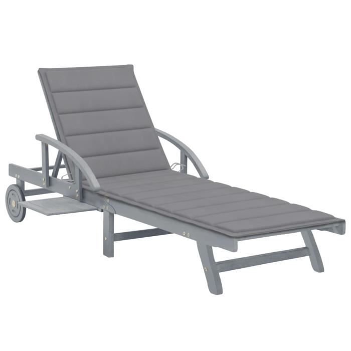 Chaise longue de jardin en bois d'acacia solide - vidaXL - Gris - Réglable - Avec coussin