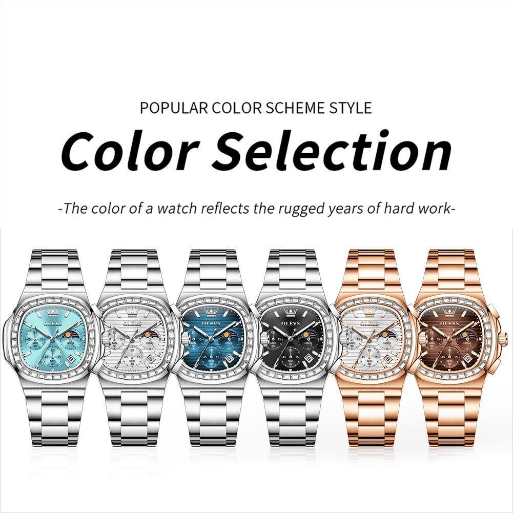 Men Square Diamond Bezel Quartz Watch Moon Phase Date Chronograph Luminous Waterproof Wrist Watch