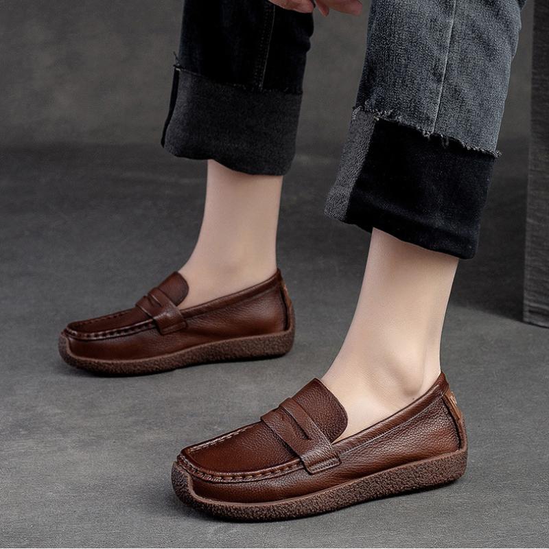 Johnature Retro Women Genuine Leather Flats Shoes Handmade Shallow Soft Sole Casual Round Toe Loafers