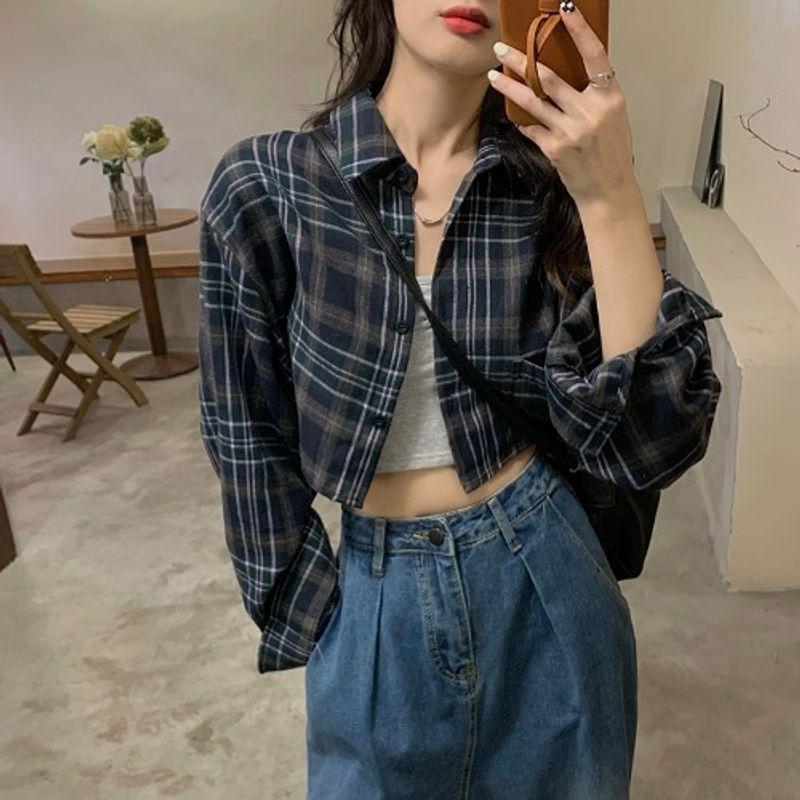 Kumikumi Retro Contrast Color Plaid Lapel Shirt Coat Women's Clothing Autumn Loose Long Sleeve Shirt Short Tops