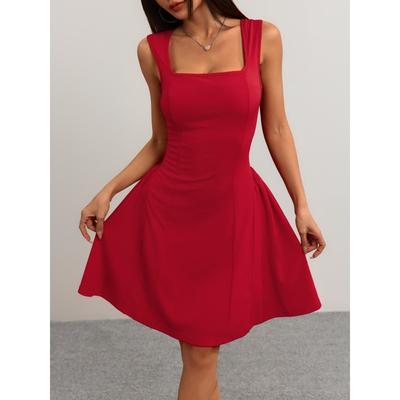 Fashion Square Collar Summer Suspender Dress New Elegant Slim-fit Casual A-line Party Short Dresses Solid Color Sleeveless Sundress Women's Clothing