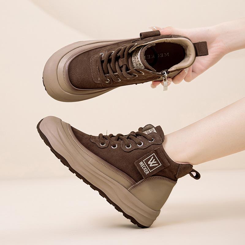 Autumn Women's High-Top Cowhide Sneakers 2025: Thick-Soled, Height-Increasing, Versatile, and Comfortable.