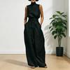 Women's Faux Linen Summer 2 Piece Outfit Sleeveless Stand Collar Top And Wide Leg Pants Matching Lounge Set with Pockets