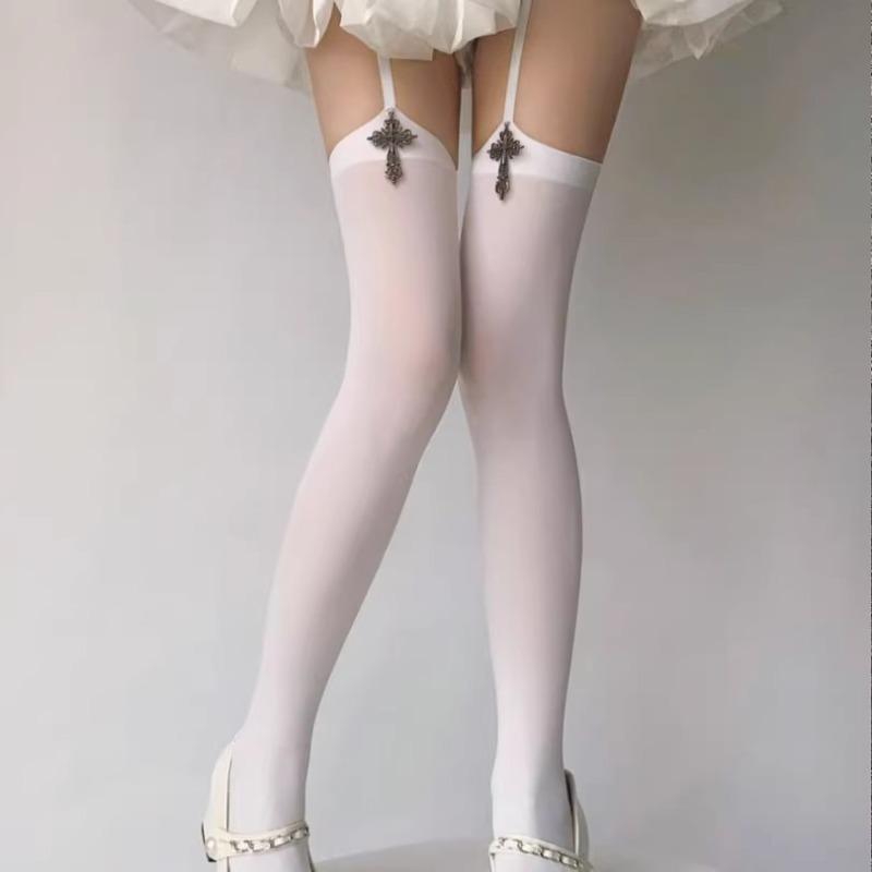 Lolita Gothic Cross Garter Stockings Velvet One-Piece Thigh High Socks Straps Elegant Black White Solid Color Over Knee Socks