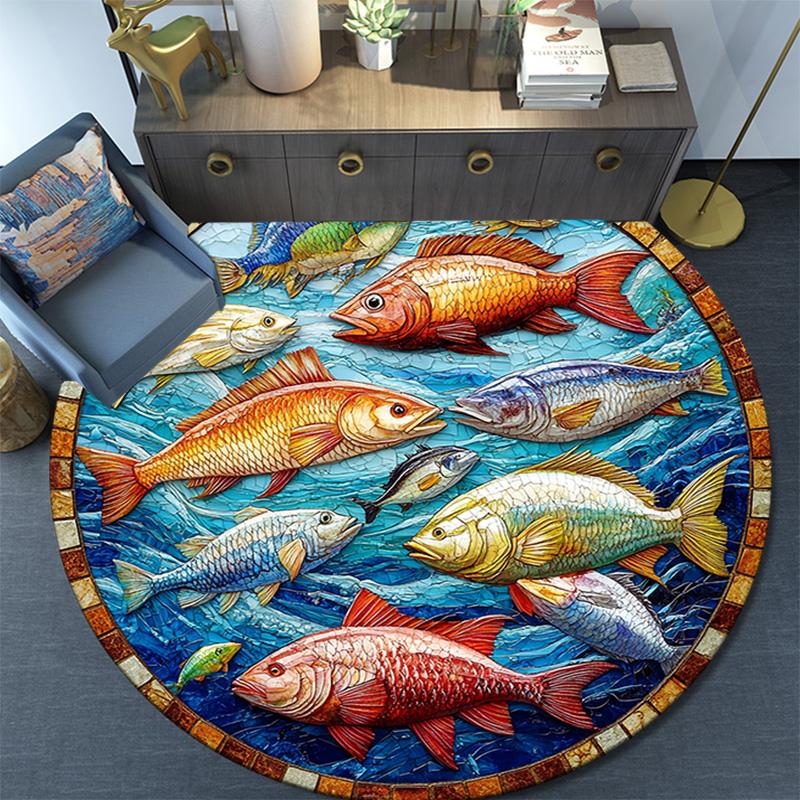 Ocean Fishes Round Area Rug,Carpet Rug for Living Room Bedroom Sofa Playroom Decor,Non-slip Floor Mat
