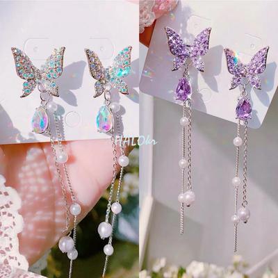 Purple Crystal Butterfly Drop Earring For Women New Fashion Imitation Pearl Tassel Chain Rhinestone Earring Jewelry Gift