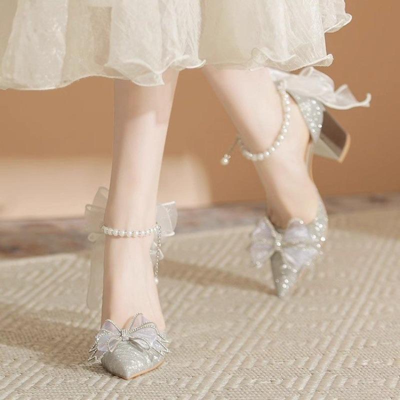 Women Wedding Shoes Pointed Thin Dress Thick Heels Bow Silver Beautiful High Heels Adult Ceremony Party Lady Pumps Zapatos Mujer