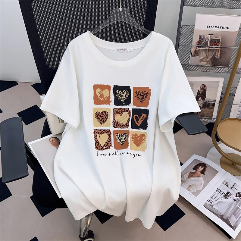 Plus Size Women's Mid-Length Loose Fit Round Neck Short Sleeve T-Shirt (200/300/350 Jin)