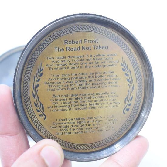 Vintage Brass Pocket Transit Compass – 6.35 cm Engraved Replica with Robert Frost Poem