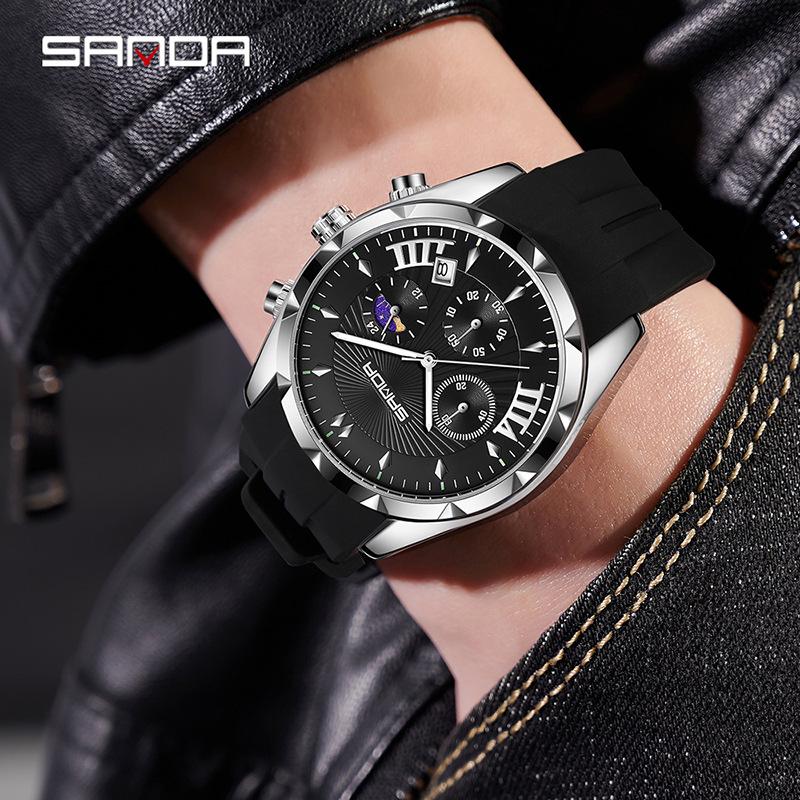 Sanda Men's Waterproof Business Watch - Steel Band, Luminous, with Small Seconds and Simple Calendar.
