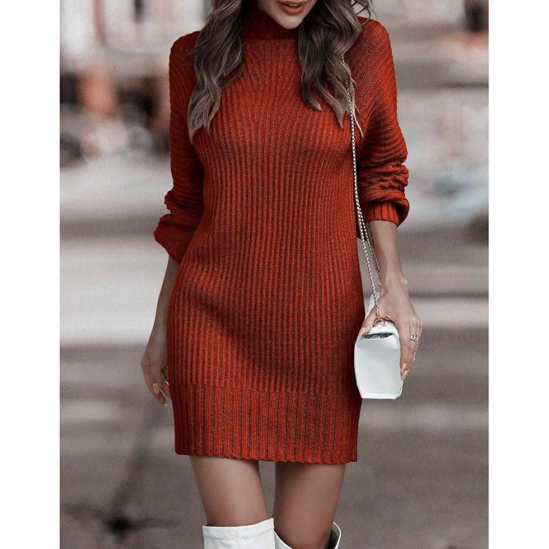 Womens Solid Color High Neck Long Sleeve Knit Sweater Dress Regular Fit Elegant Office Style