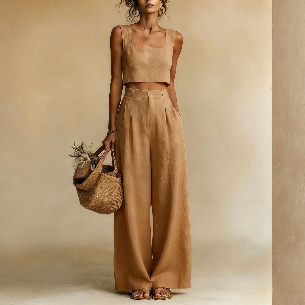 Women's Casual Square Neck Wide Leg Pants Set, Loose Sleeveless Vest Two-piece Set