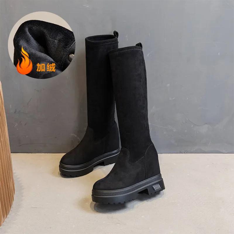 

Модные женские ботфорты с увеличением внутренней высоты, новые длинные ботфорты выше колена, женская обувь на толстой подошве с эластичными вставками 39