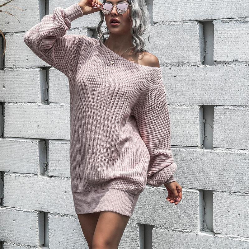 

Женское повседневное трикотажное платье-свитер с открытыми плечами и рукавами-фонариками XL розовый