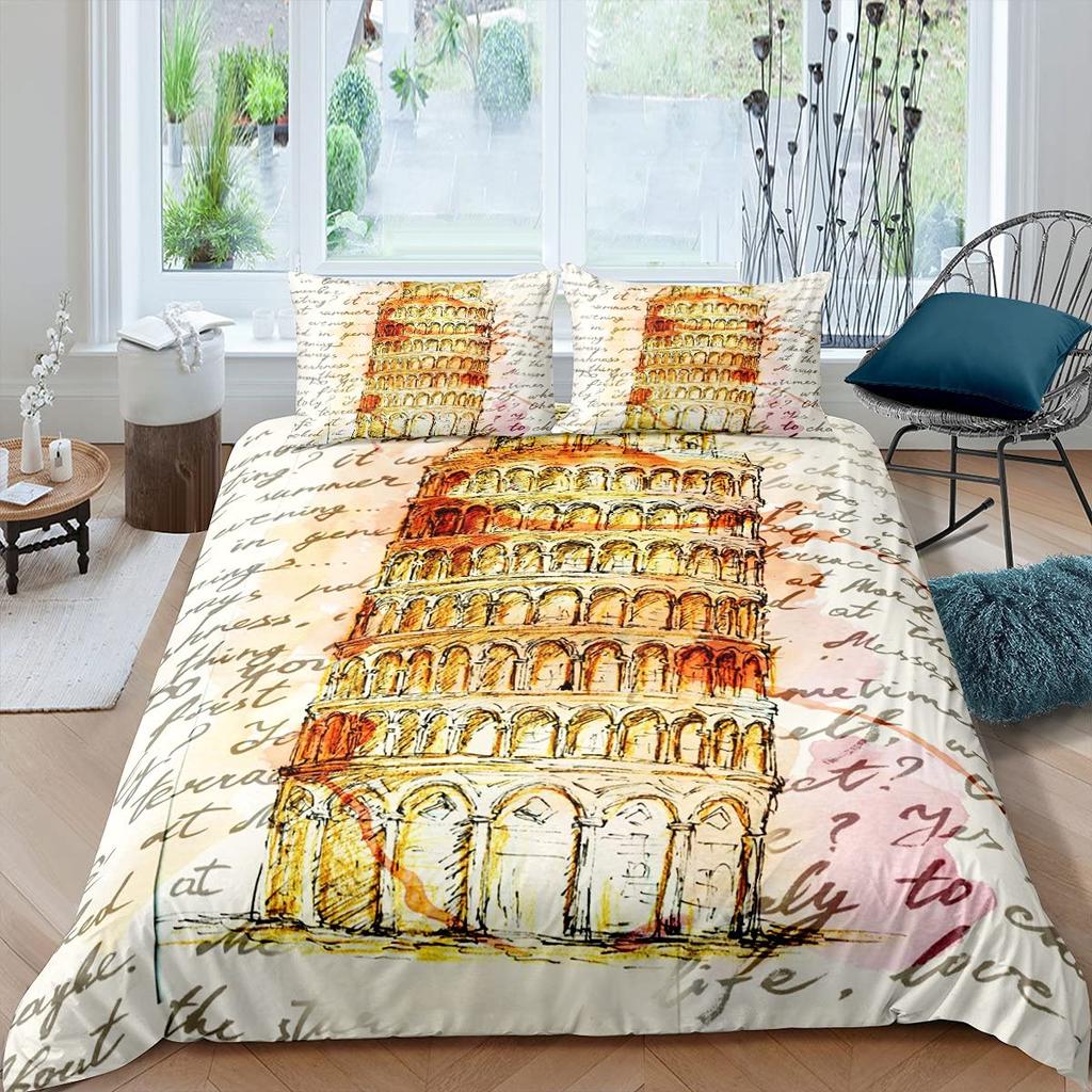 Leaning Tower of Pisa Duvet Cover Paris Tower Bedding Set Blue Sky Comforter Cover Vintage Tower with 2 Pillowcases 3Pcs Bedding