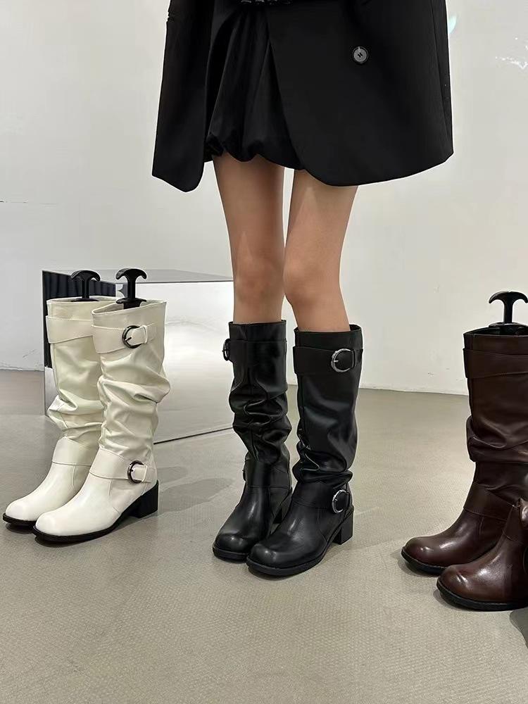 2025 autumn and winter new fashion versatile niche design wasteland wind tall women's boots retro pleated thick heel pile