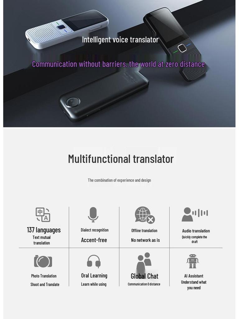 T10 Smart Translator: Supports Offline Translation In 14 Countries, 138 Languages, with WIFI, Photo, and Voice Recording Features.