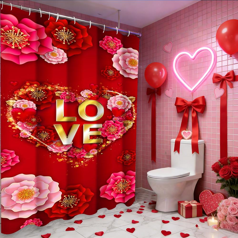 Tenda da doccia a forma di cuore d'amore e rosa per San Valentino, tenda da bagno impermeabile con 12 ganci, decorazione per la casa a forma di pesce