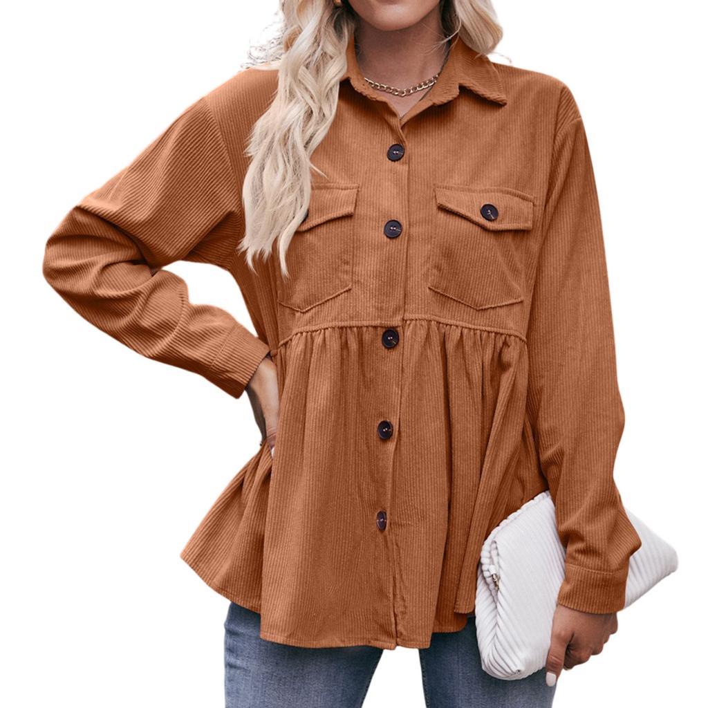 Women's Casual Long Sleeve Stand Collar Corduroy Solid Color Top Shirt