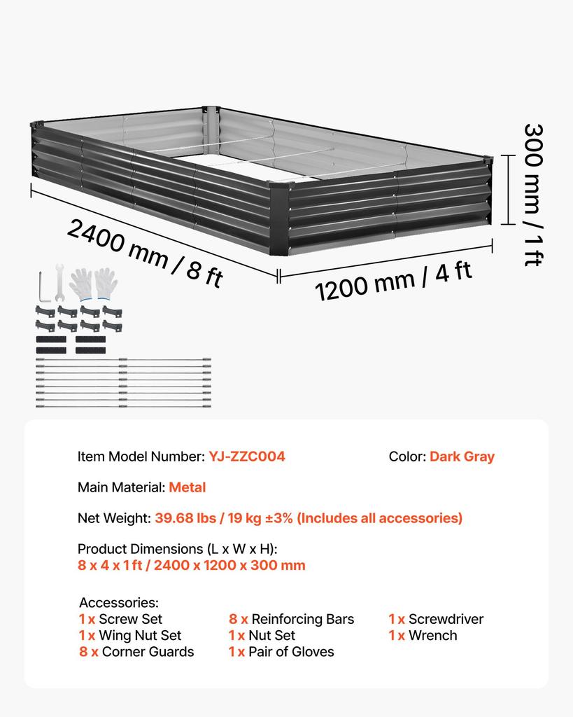VEVOR 2 Pack Galvanized Raised Garden Beds, 2400 x 1200 x 300 mm, Rectangular Metal Planter Boxes Kit Outdoor, Elevated Planting Box with Gloves