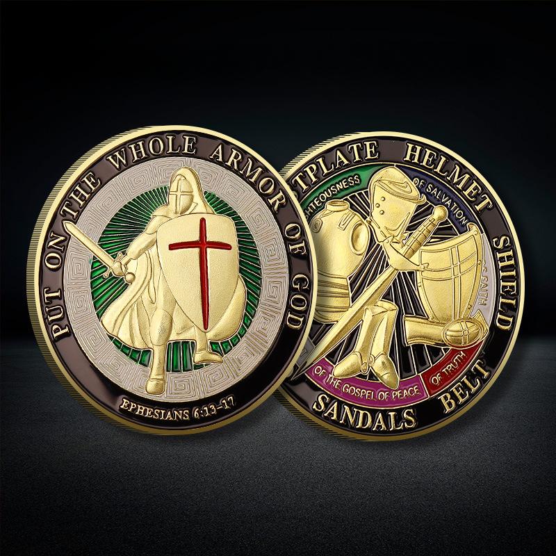 Бронированный воин, счастливая монета-защитник, шлем, щит с узором меча, рельефная монета, красочное лаковое украшение, монета 40*3 золотой