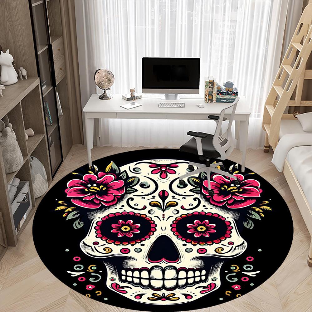 1pc Sugar Skull Flowers Office Round Area Rug, Under Office Chairs Bedroom Living Room Home Decor, Room Deco, Available In Various Sizes