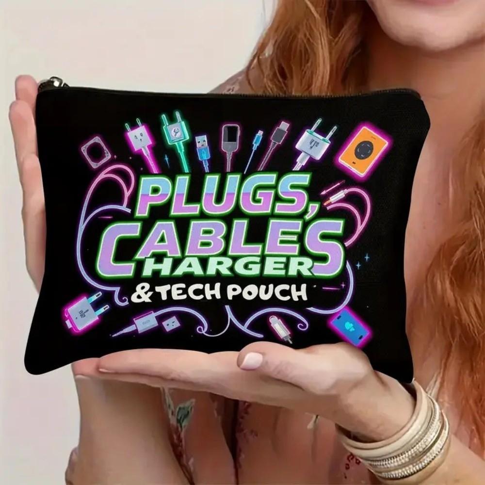 Canvas Charger Storage Pouch Print Design Zipper Closure Cable Organizer Bag Large Capacity Cosmetic Organizer for Office Desk