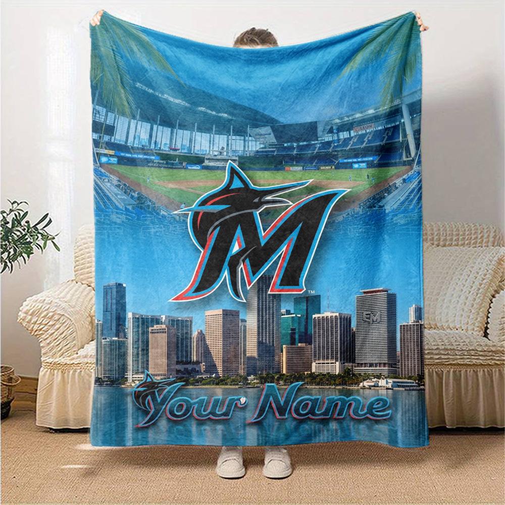 Name Custom Miami Marlins Print Flannel Blanket High Quality Warm Comfortable Cover for All Seasons Perfect for Gifts Home Decor