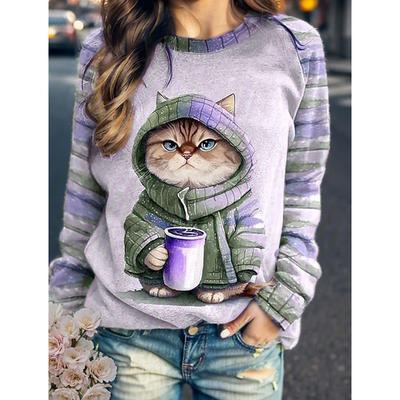 Herbst und Winter Damen Pullover Bluse Rundhals Sweatshirt Katze Schultereinsatz Abschnitt Langarm Top