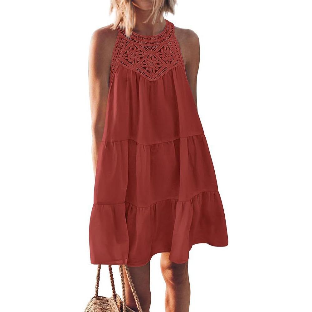 Damen Halter Neck Ärmellos Häkeldetail Lockerer Schnitt Sommer Swing Kleid