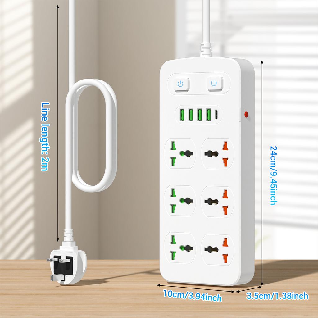 Power Strip Surge Protection Multi Socket 6 Outlets UK/US/EU Plug 1.8m Extension Cord with Type C 4USB Port Electrical Table Socket