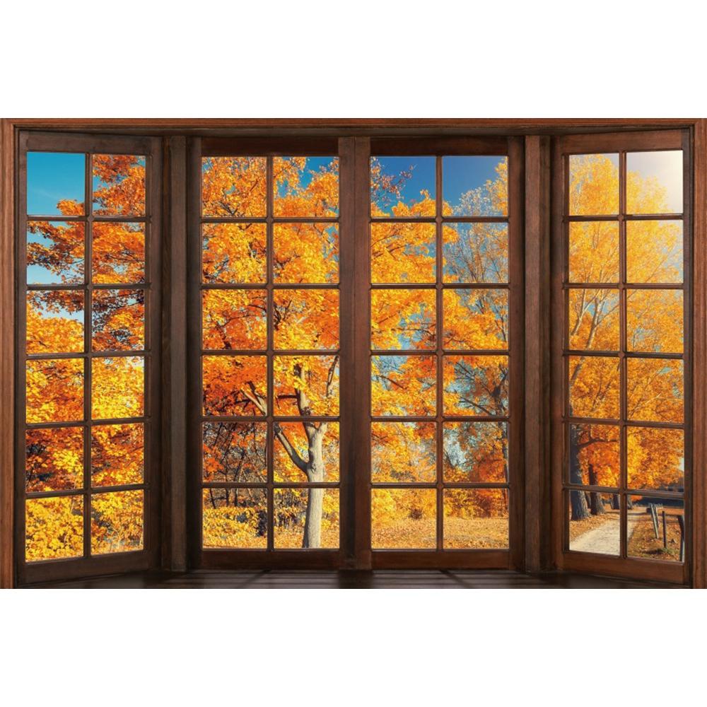 Autumn Forest Window Photography Backdrop Fall Maple Leaves Pumpkin Harvest Thanksgiving Kids Portrait Photo Background Decor