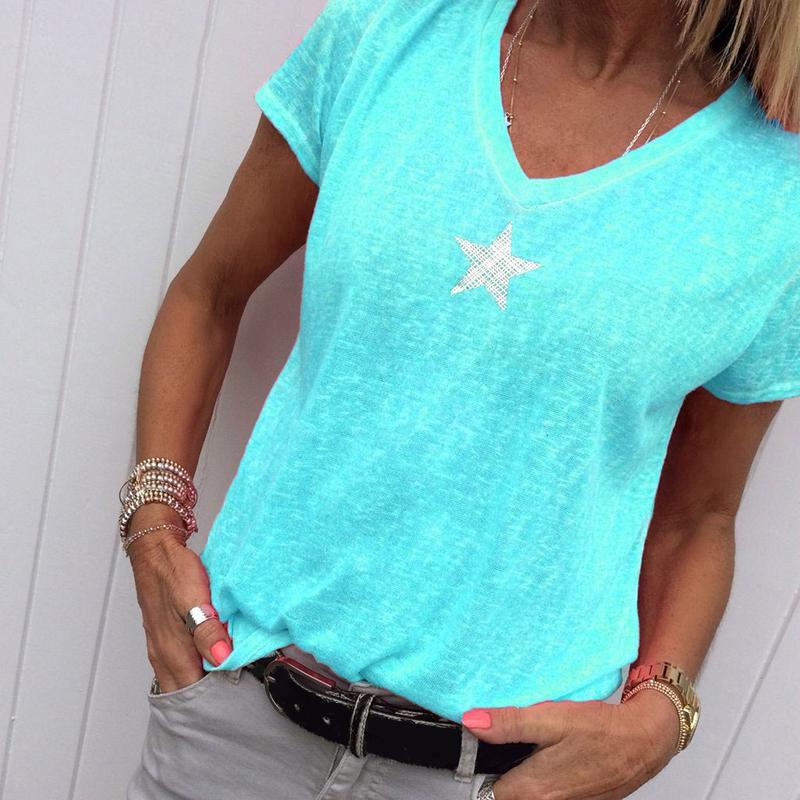 Stylish Women V-neck T-shirt Casual Loose Star Summer Shirts Solid Short Sleeve Perfect For Outdoor Activities