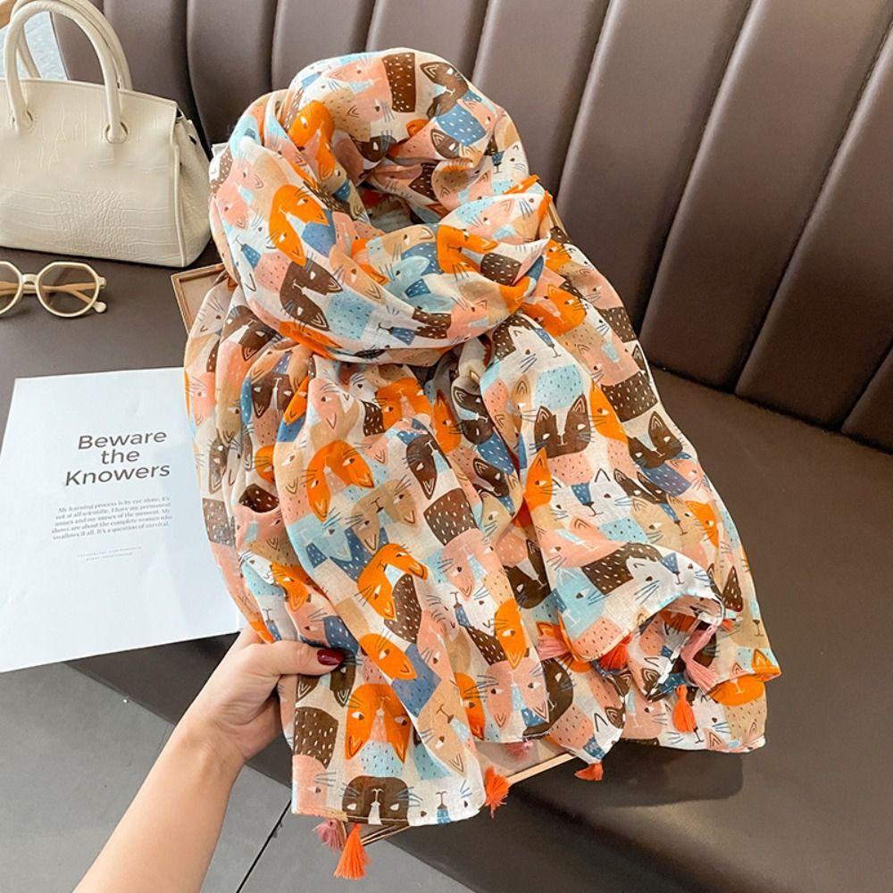 Large Cat Pattern Tassel Scarf Bohemian Ethnic Style Wrap Simple Animal Print Scarves  Vacation