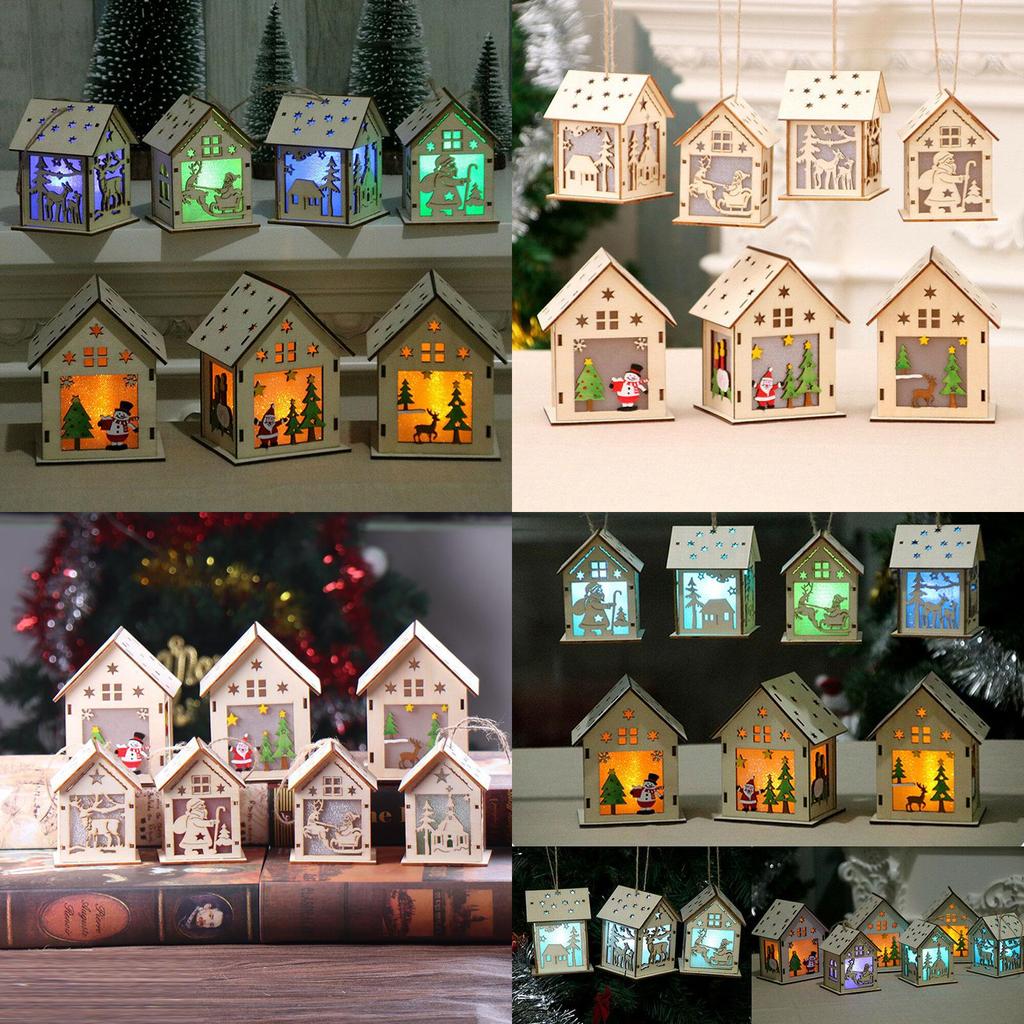 Elegant Led Light Wood House Ornament For Christmas Tree Hanging Decor
