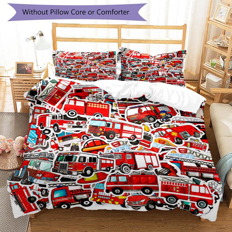 3pcs fire truck Bedding Set Duvet Cover Closure Includes 1 Duvet Cover & 2 Pillowcases, Soft and Comfortable for All Seasons.