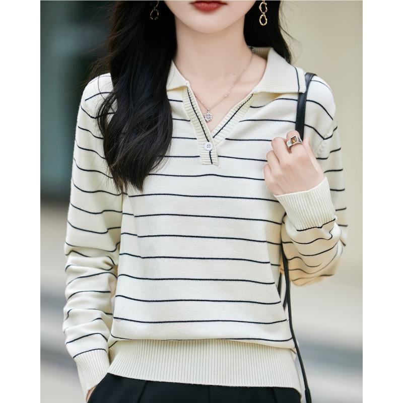 French Style Striped POLO Collar Long-sleeved Sweater for Women Lapel Sweater 2025 New Style Top