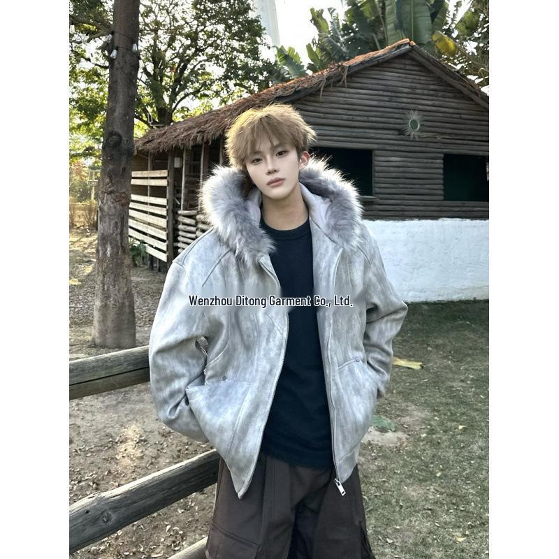 Unisex American Design Ink-Dyed Hooded Jacket with Fur Collar and Cotton Padding for 2025 Autumn/Winter.
