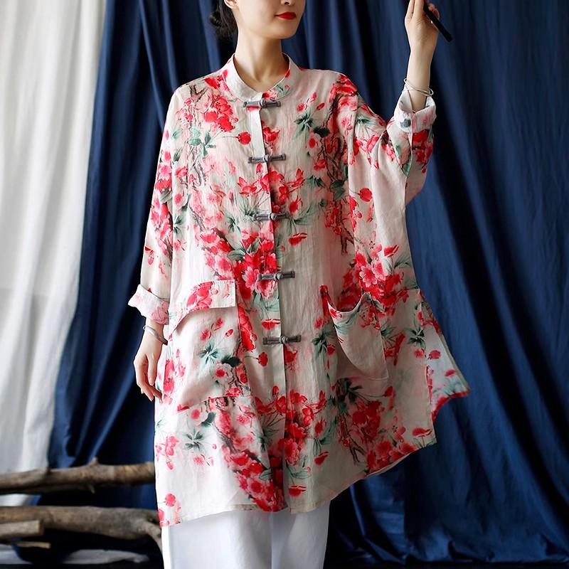 Women's Ethnic Print Retro Stand Collar Midi Shirt with Frog Button, Sun Protection, Loose Fit, Plus Size Outerwear.