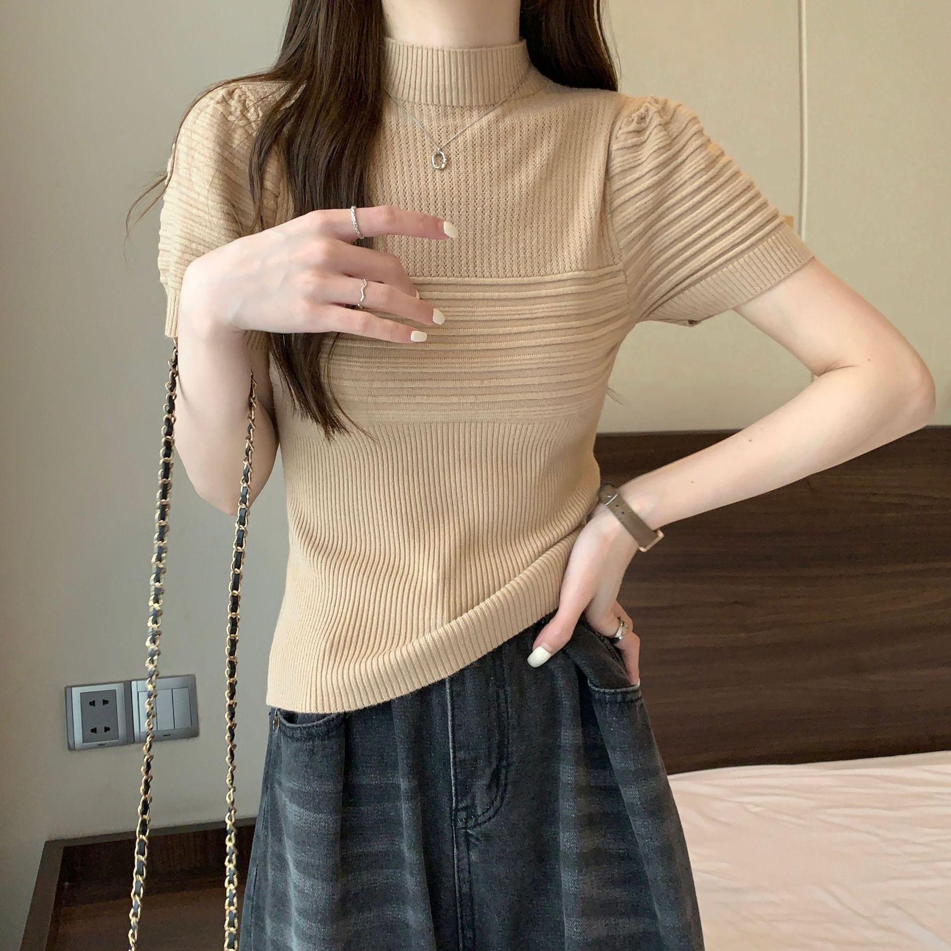 

Шерстяной трикотажный свитер, нижние части, топы, женская весенне-летняя свободная мягкая внутренняя стерео полосатая футболка, женская повседневная базовая облегающая футболка, пуловеры, футболки One Size хаки