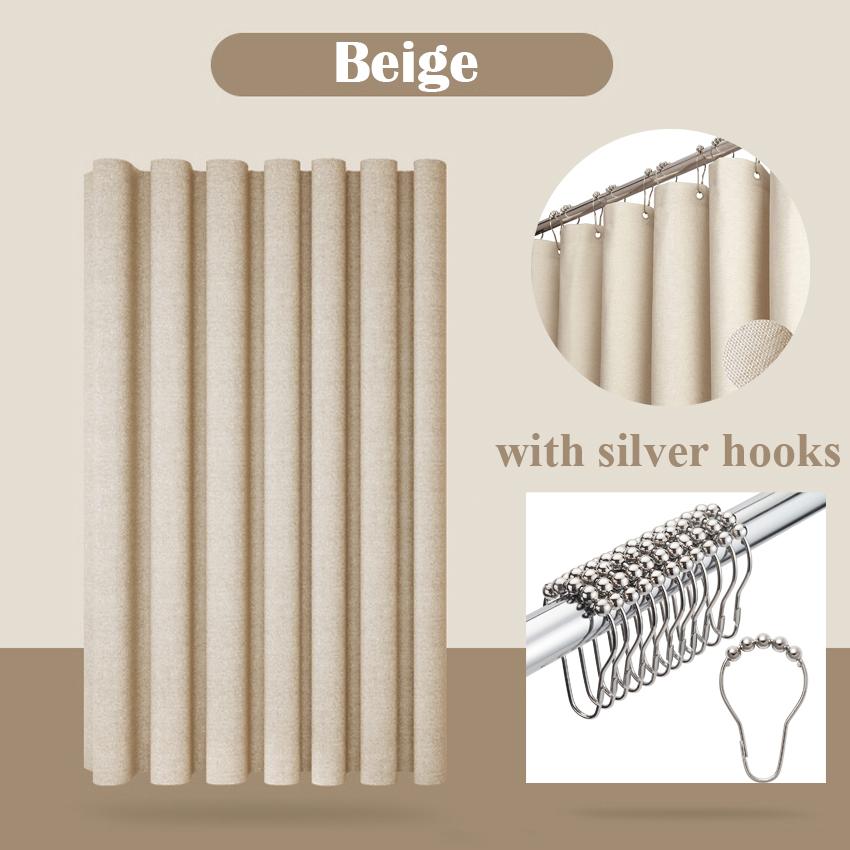 

Linen Shower Curtain Luxury Bathroom Waterproof Thick Fabric Bath Curtains Bathtub Large Bathing Cover With Silver Metal Hooks W120xH180cm бежевый
