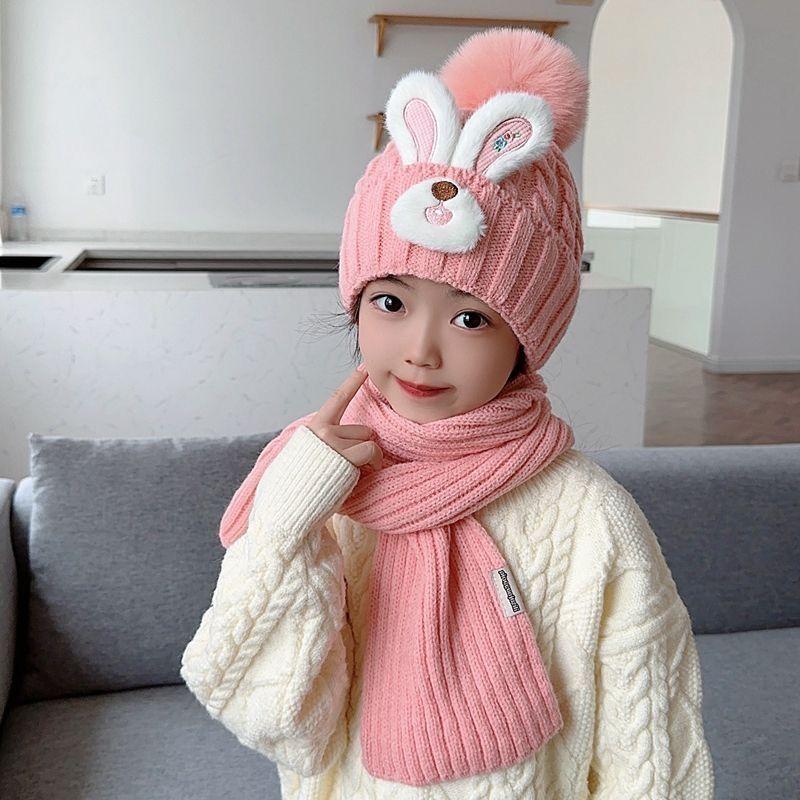 Set din două piese de căciulițe drăguțe cu urechi de iepure și eșarfe pentru copii, căciulițe tricotate din lână pentru fete pentru iarnă și căciulițe calde pentru protecția urechilor